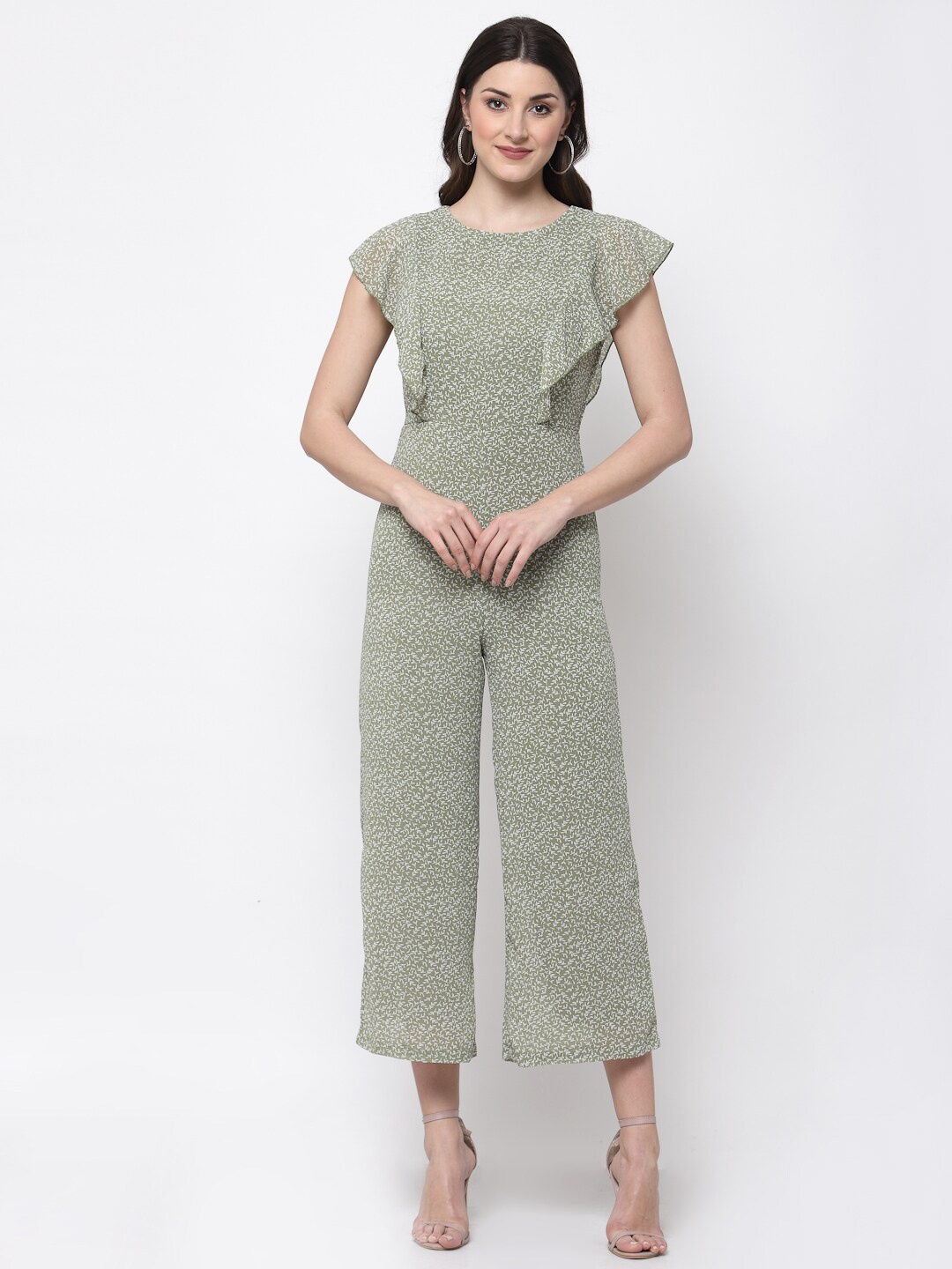 

Mafadeny Green & White Printed Basic Jumpsuit with Ruffles