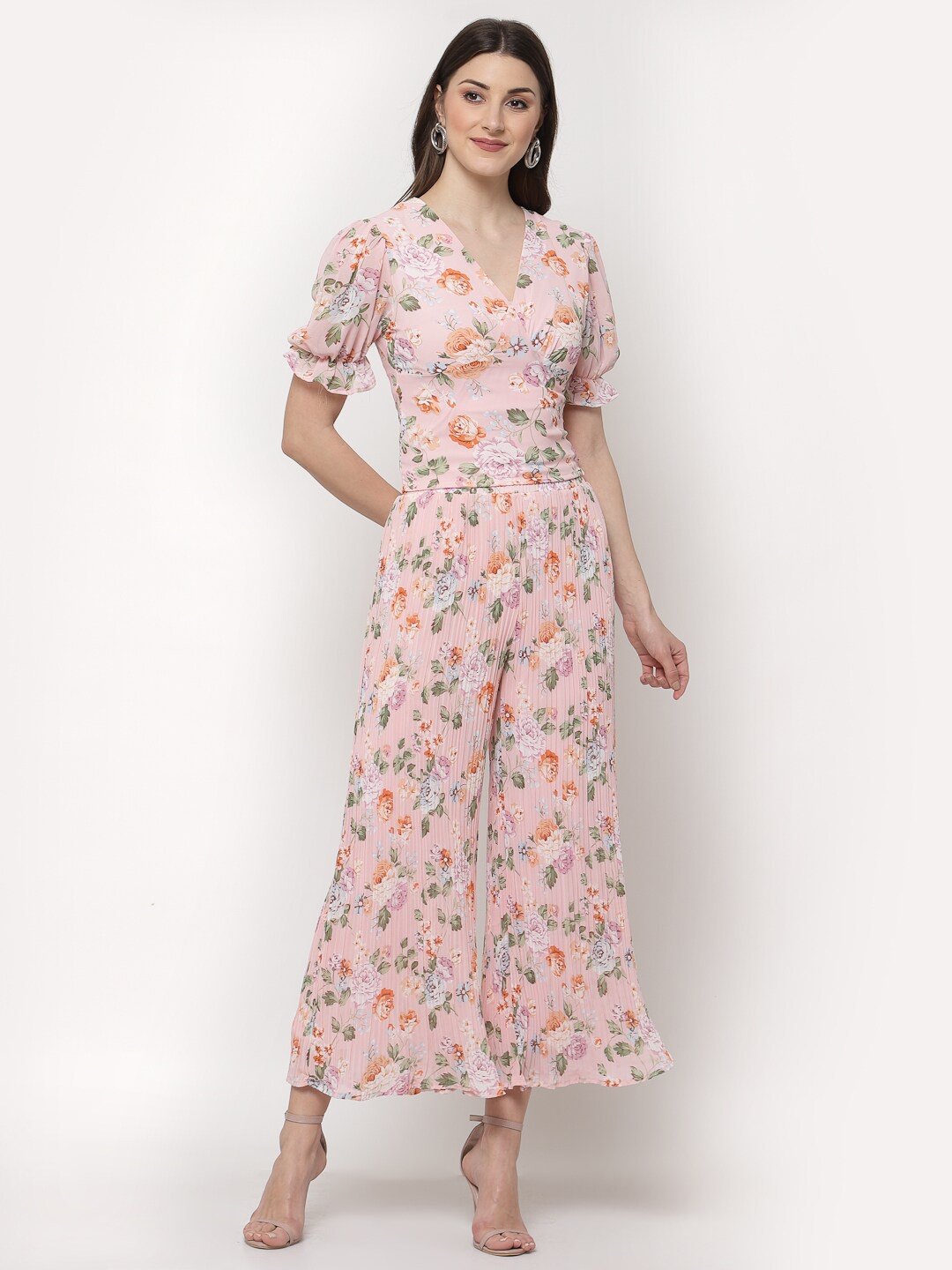 

Mafadeny Women Peach-Coloured & Green Printed Basic Jumpsuit