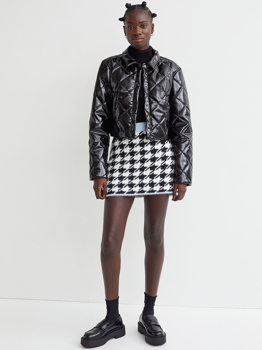 

H&M Women Black & White Checked Jacquard-Knit Skirt
