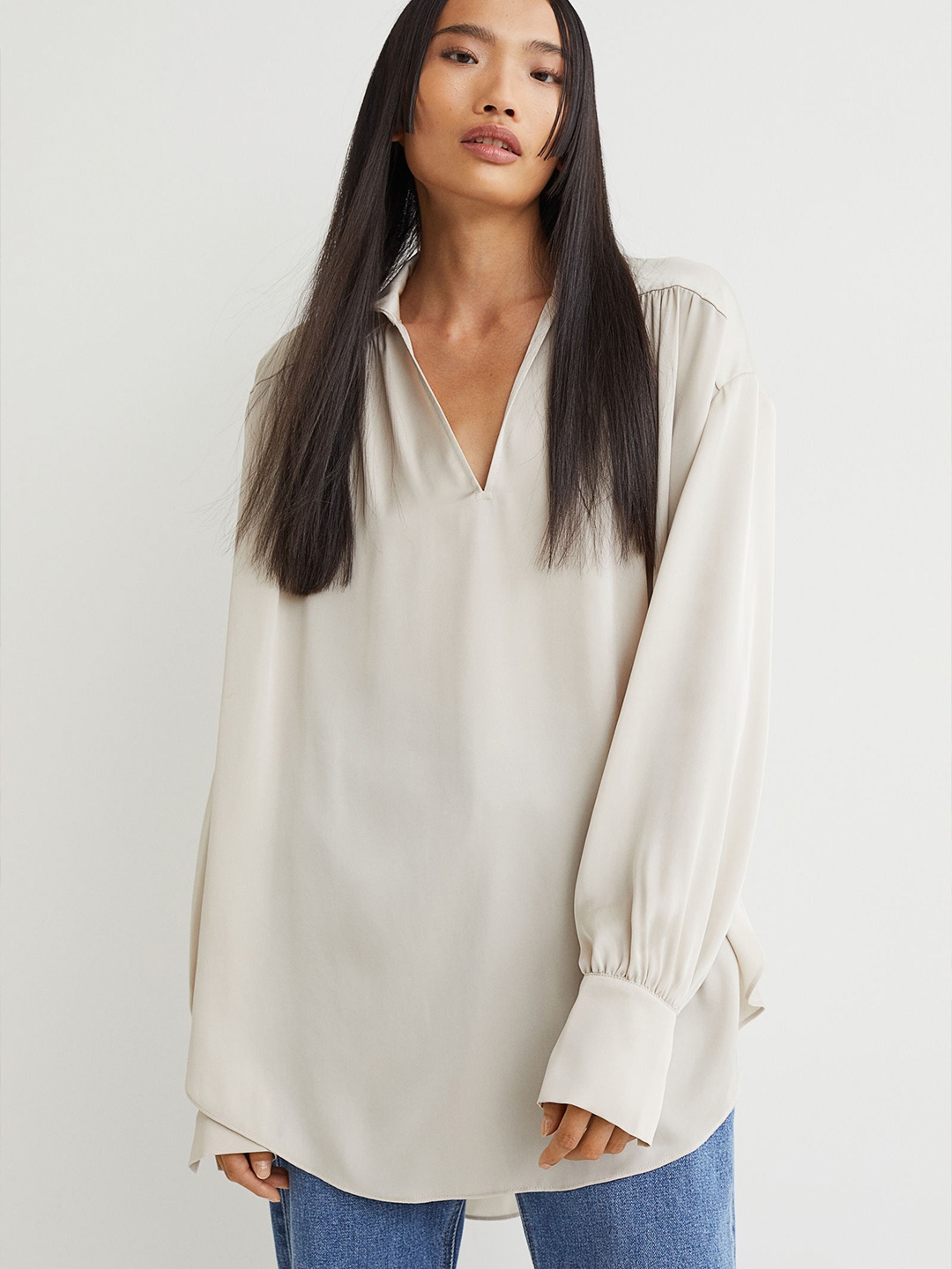 

H&M Women Beige Solid Wide Satin Blouse