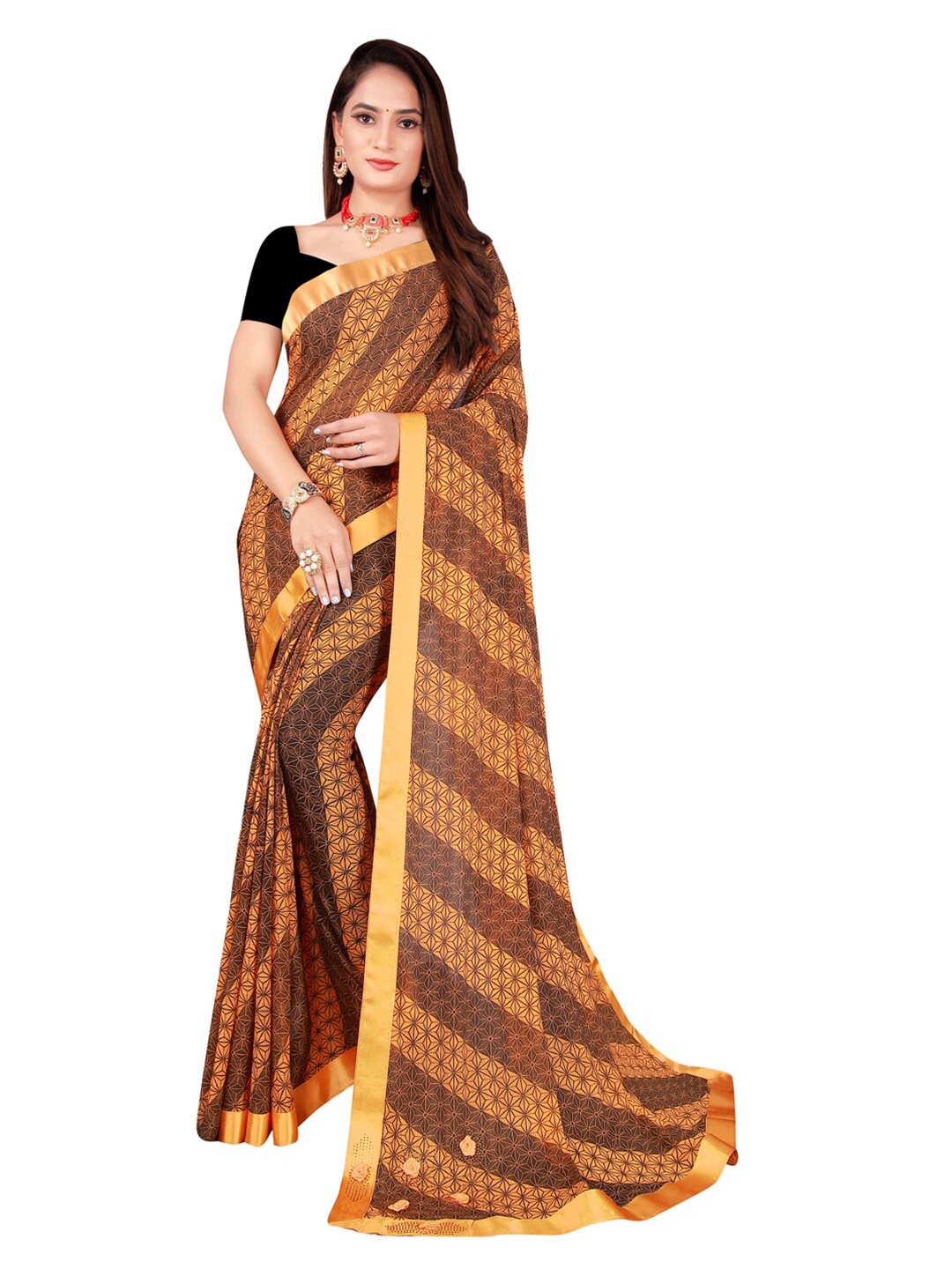 

KALINI Yellow & Brown Art Silk Saree