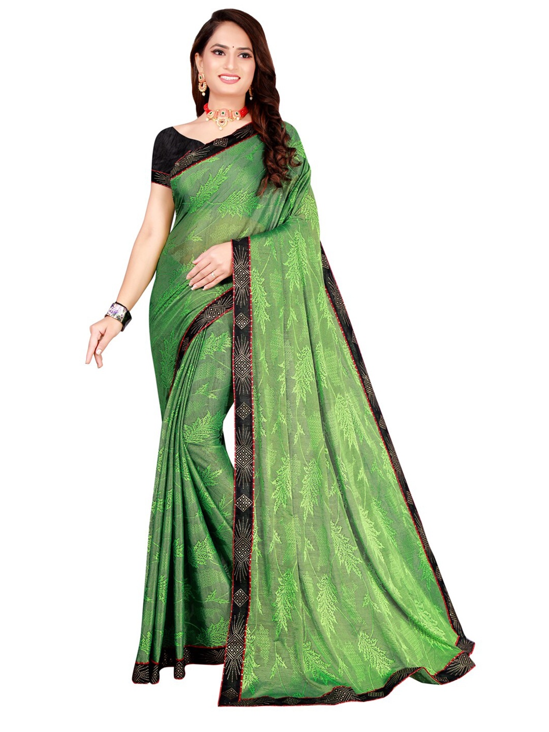 

KALINI Green & Black Floral Art Silk Saree