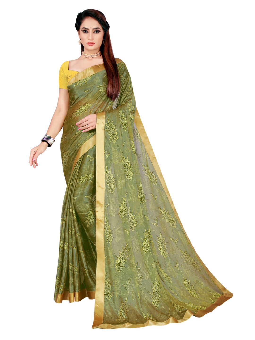 

KALINI Olive Green & Yellow Floral Art Silk Saree