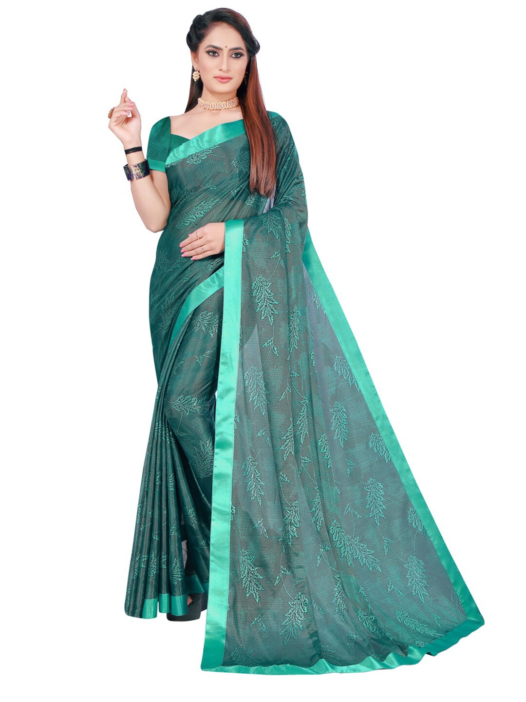 

KALINI Teal Green Floral Art Silk Saree