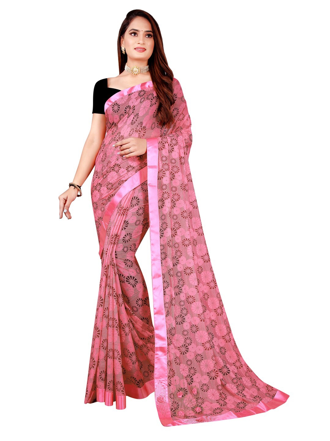 

KALINI Pink Art Silk Foil Print Saree