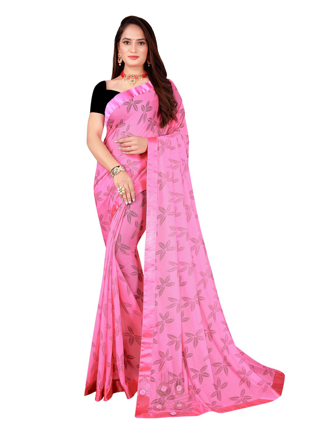 

KALINI Pink & Black Floral Art Silk Saree