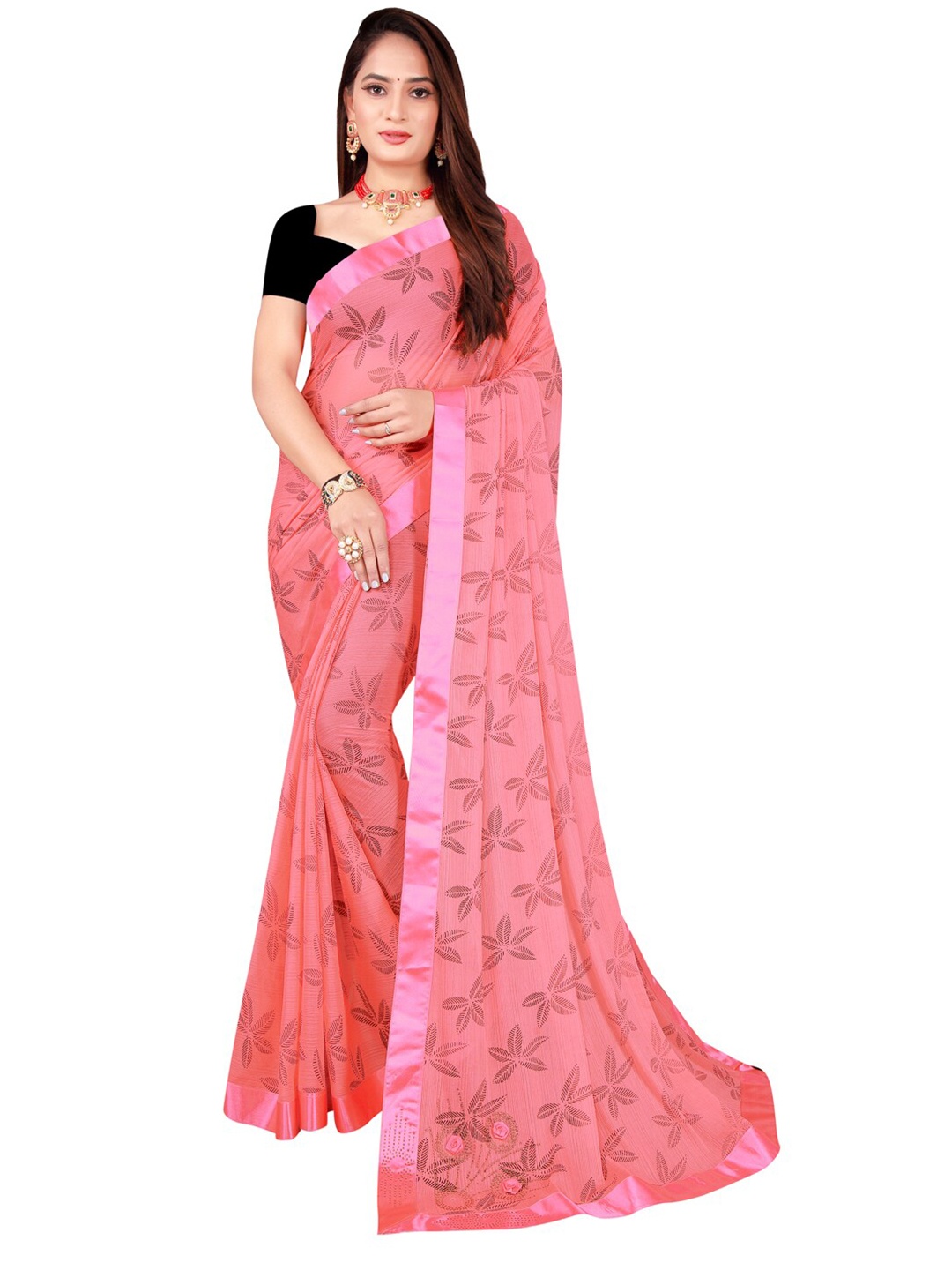 

KALINI Pink Floral Art Silk Foil Print Saree