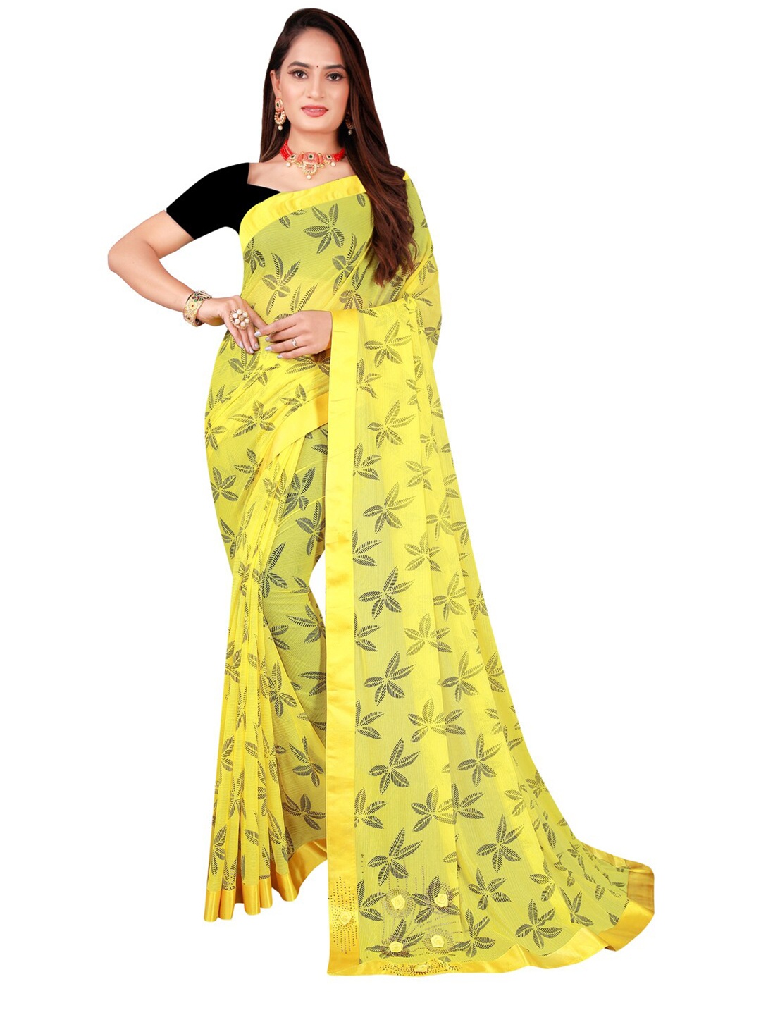 

KALINI Yellow & Grey Floral Art Silk Saree