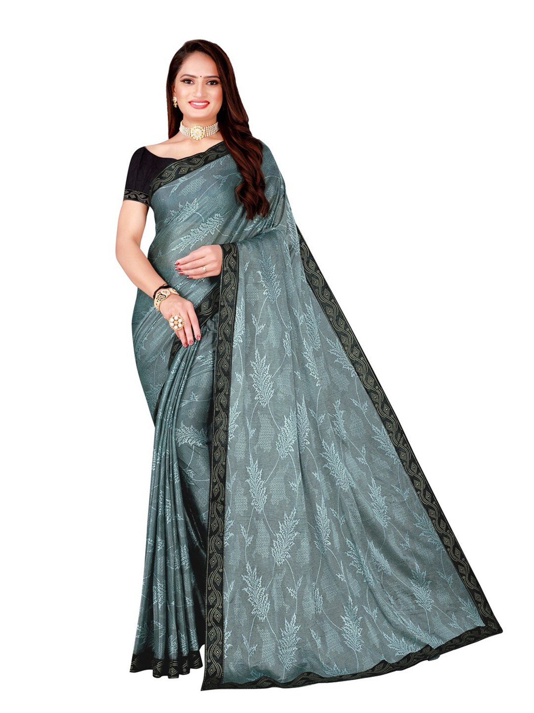 

KALINI Grey & Black Floral Art Silk Foil Print Saree
