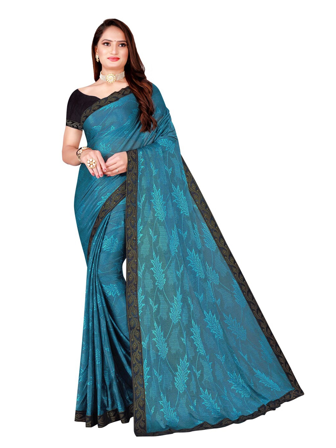 

KALINI Teal Blue Floral Art Silk Foil Print Saree