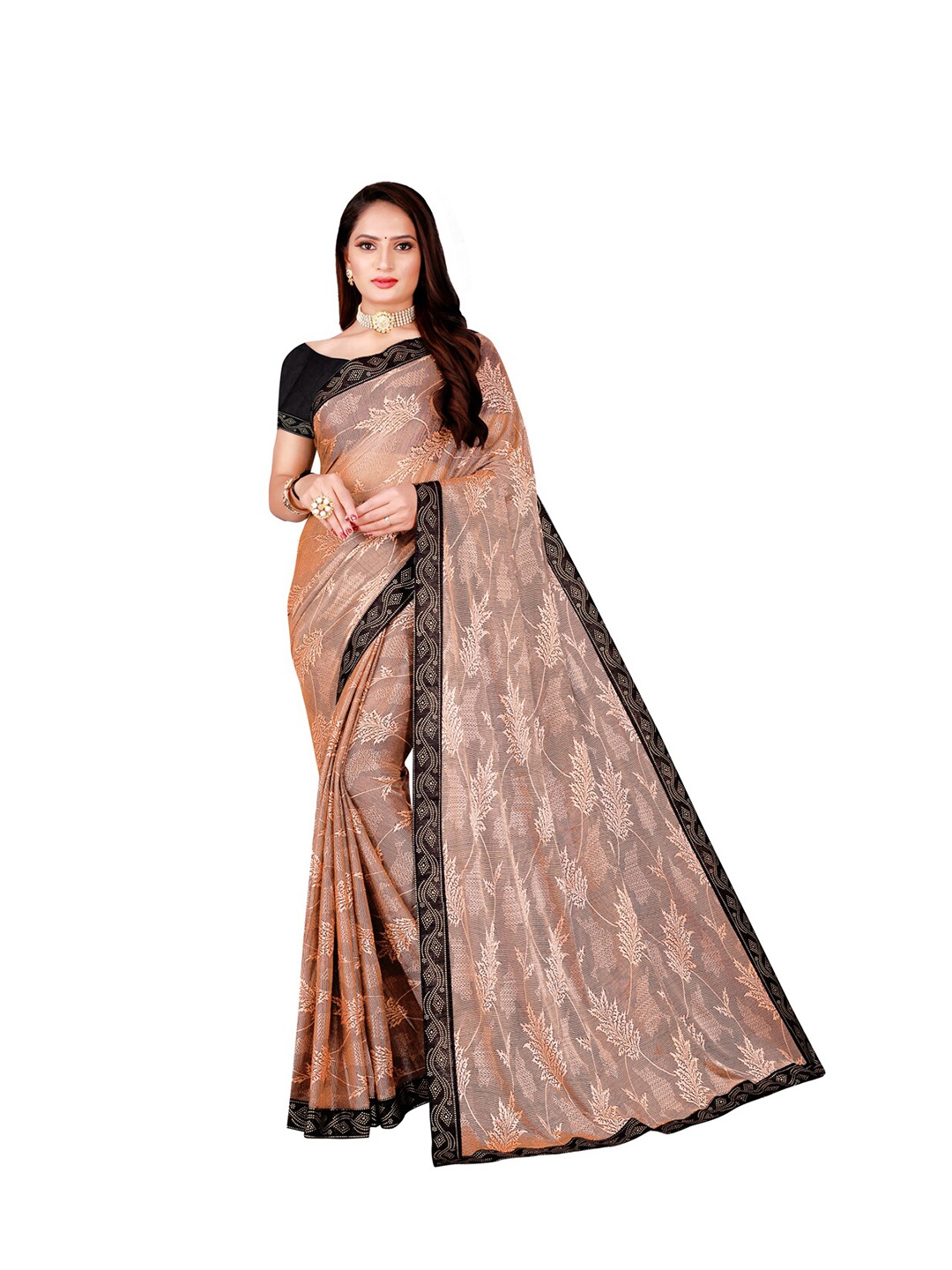 

KALINI Peach-Coloured & Black Floral Art Silk Saree