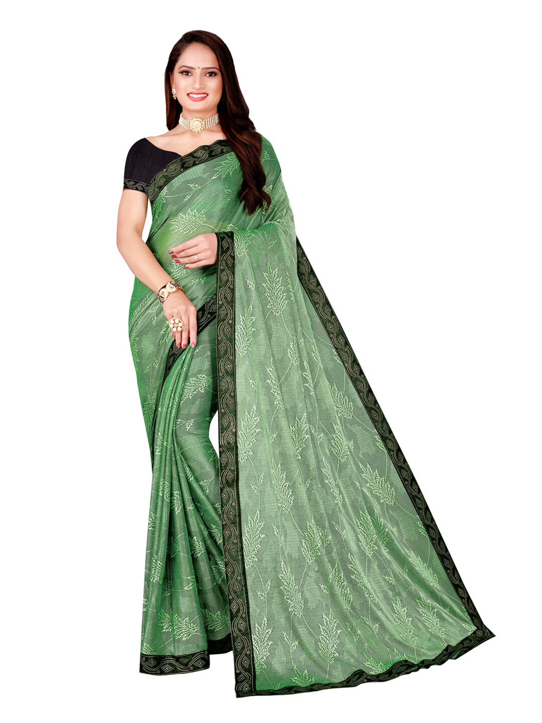 

KALINI Green & Black Floral Art Silk Saree