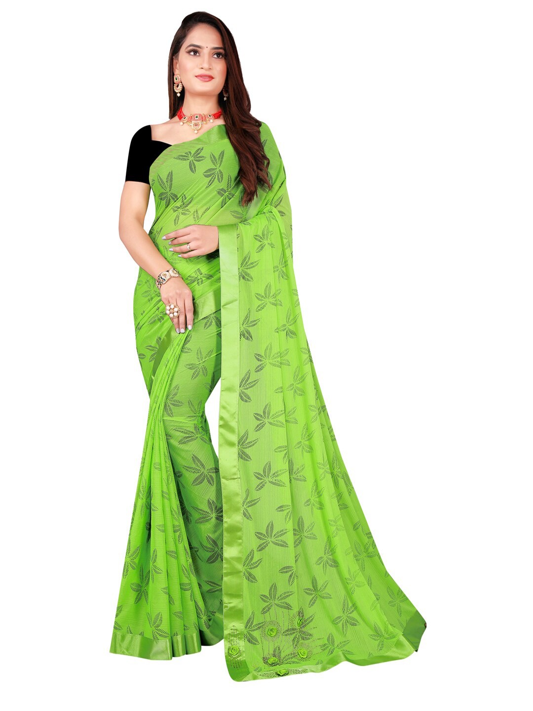 

KALINI Green Floral Art Silk Foil Print Saree