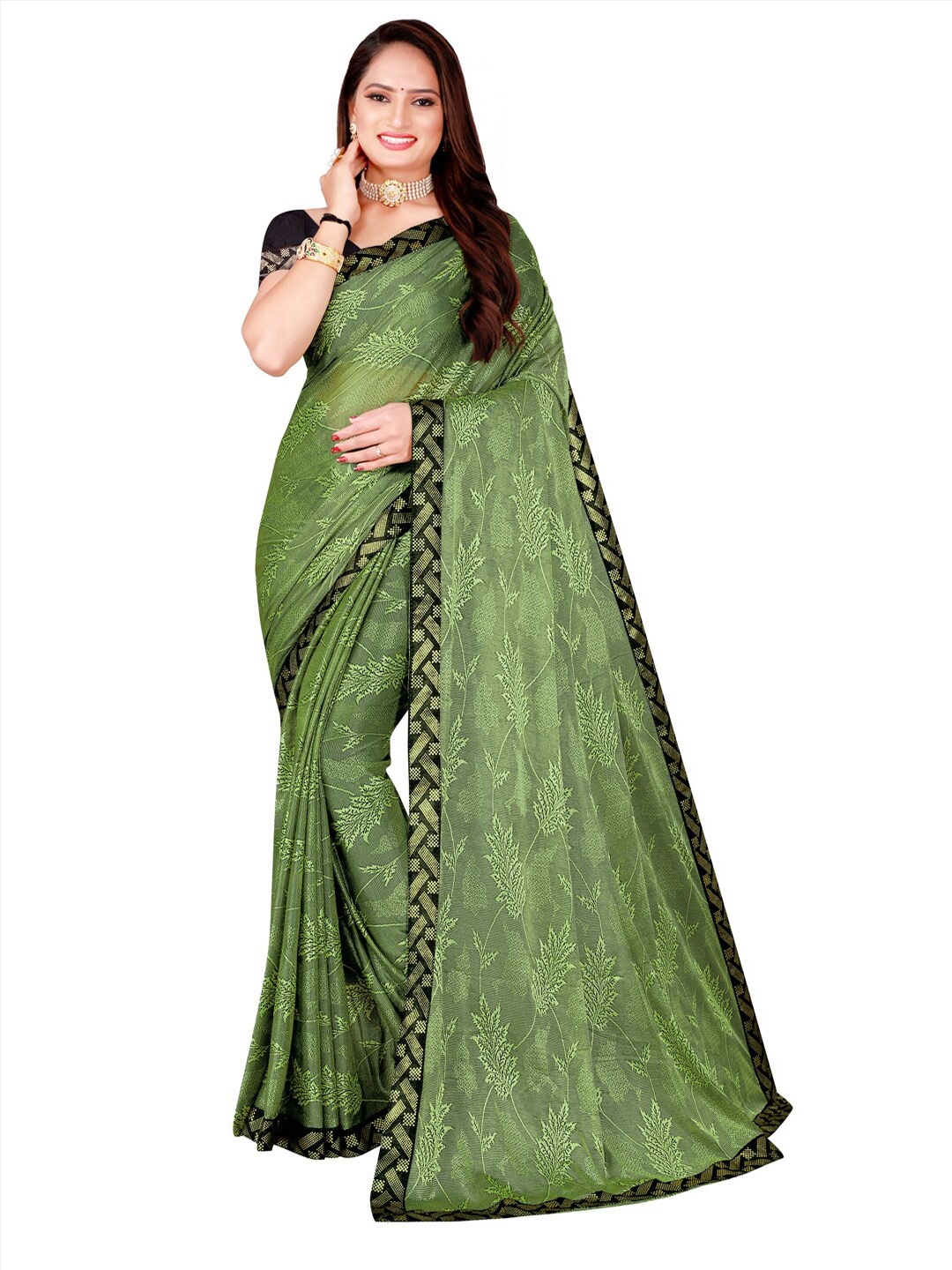 

KALINI Green Floral Art Silk Foil Print Saree