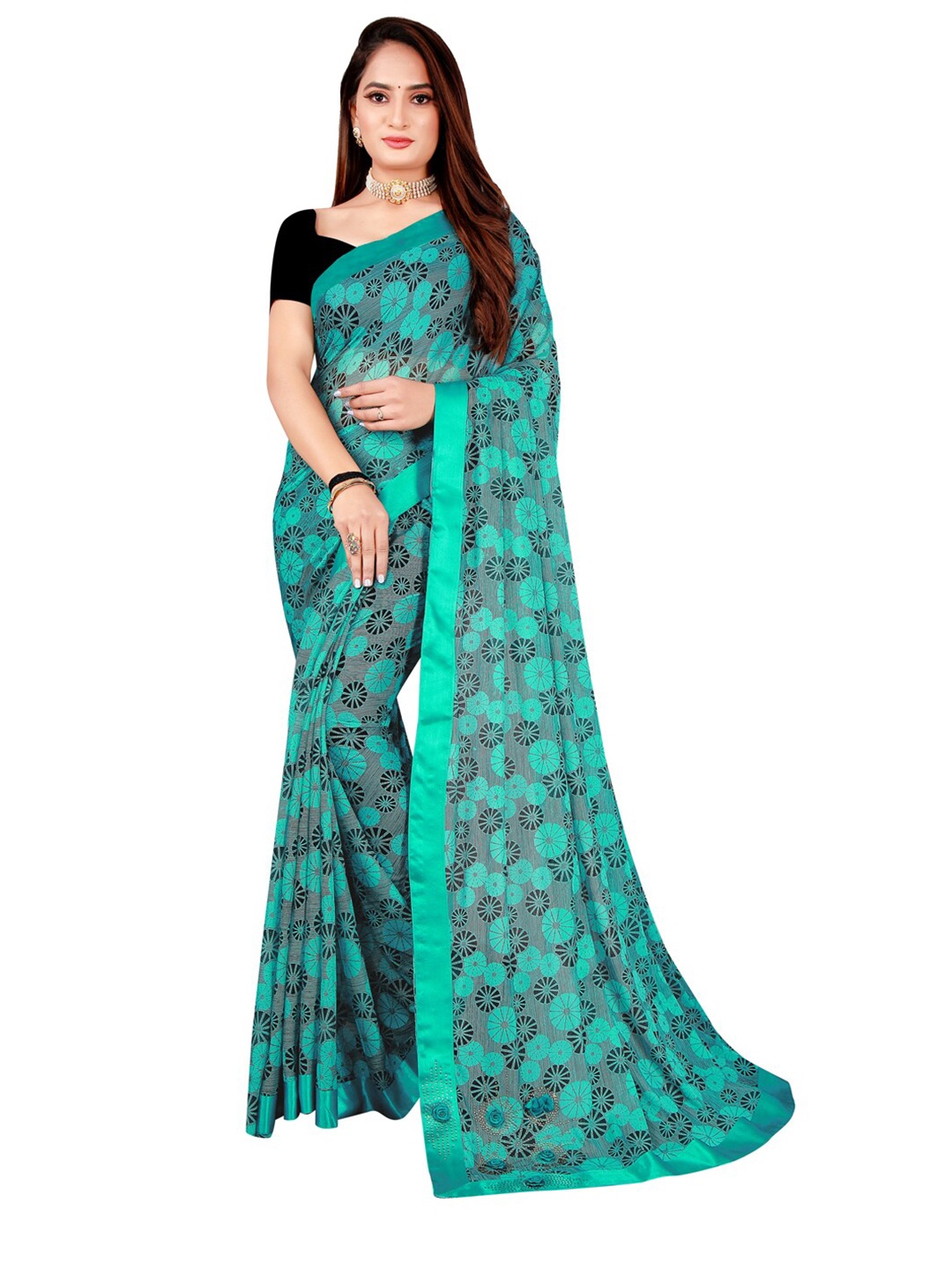 

KALINI Teal & Grey Art Silk Foil Print Saree