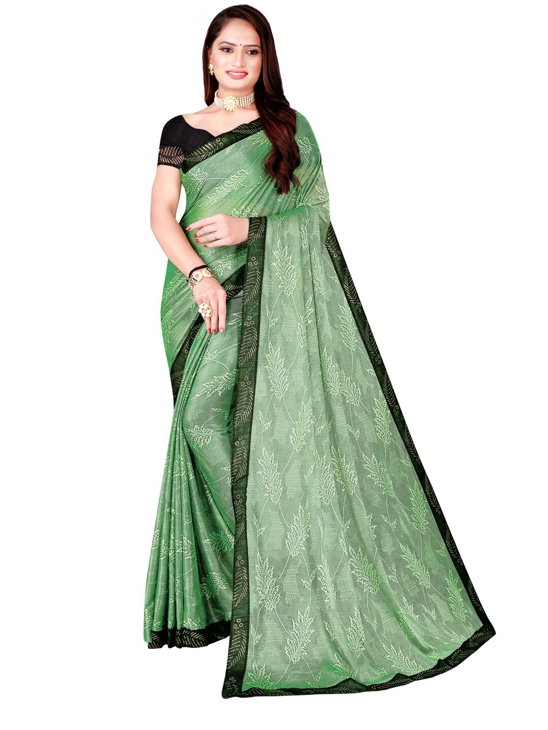 

KALINI Green Floral Art Silk Foil Print Saree