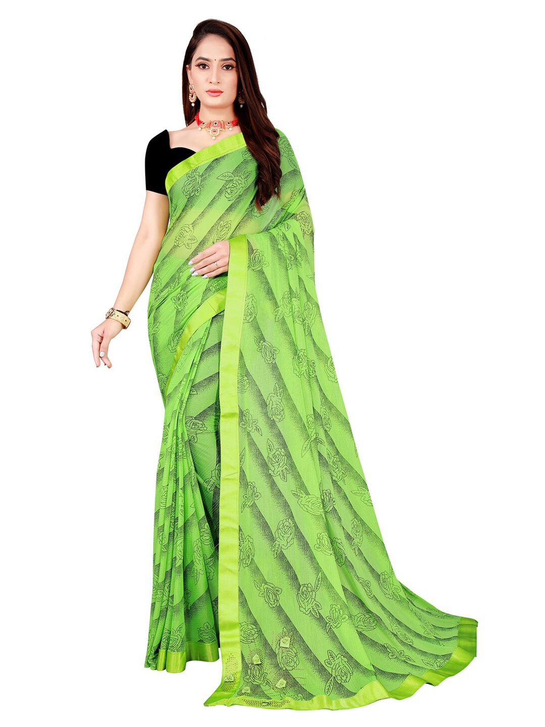 

KALINI Green & Grey Floral Art Silk Foil Print Saree