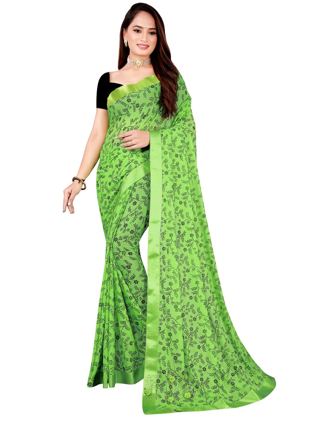 

KALINI Green & Black Floral Art Silk Saree
