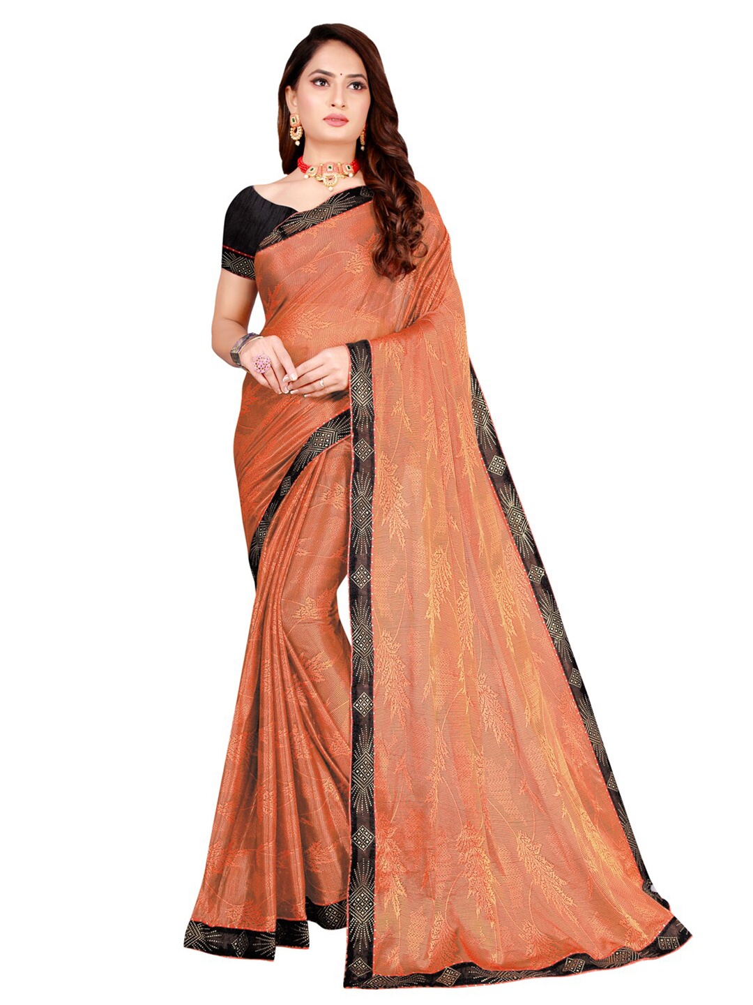 

KALINI Peach-Coloured & Black Floral Art Silk Saree