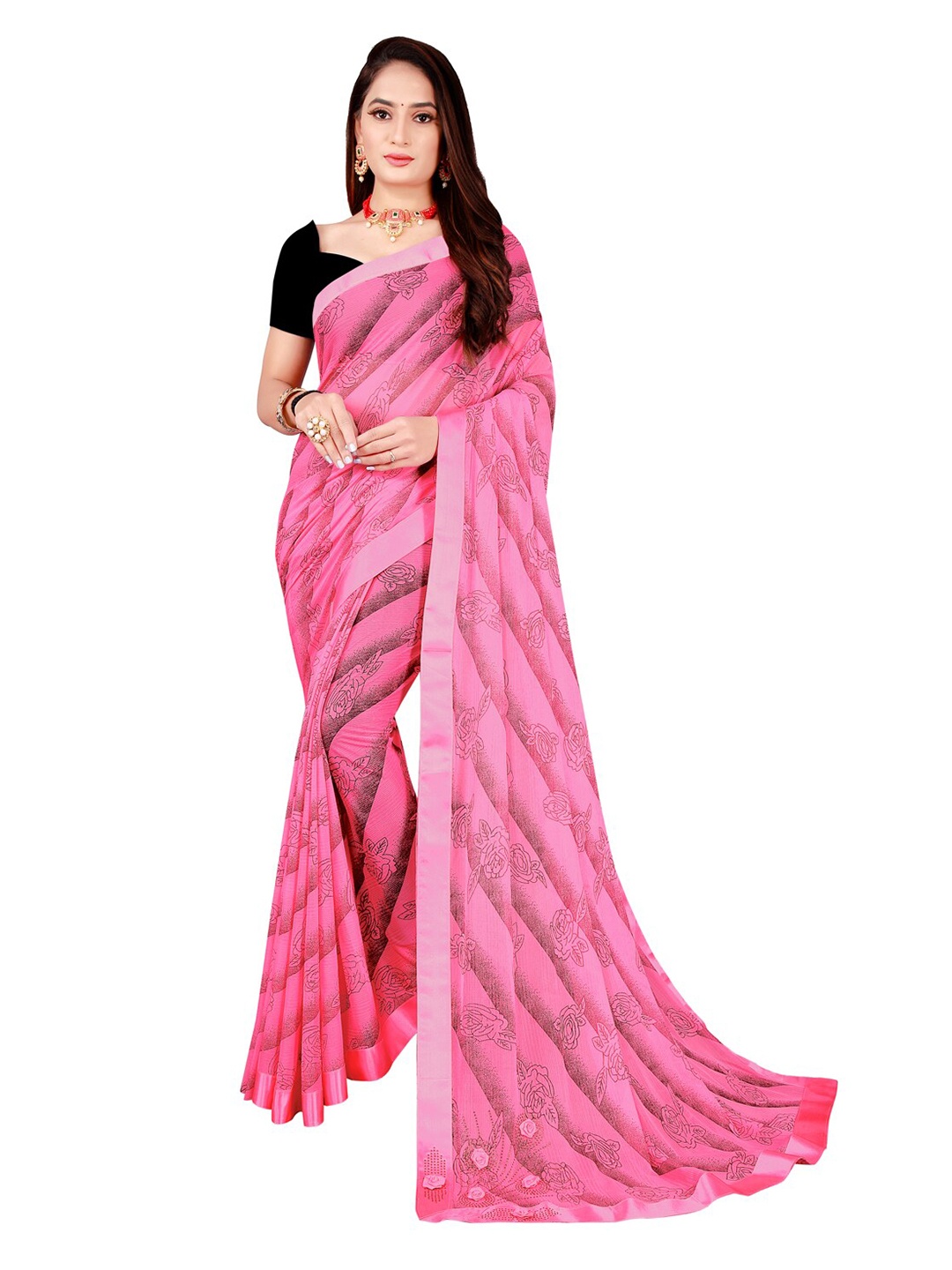 

KALINI Pink & Grey Floral Art Silk Saree