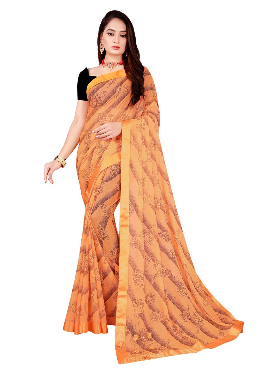 

KALINI Orange & Grey Floral Art Silk Foil Print Saree