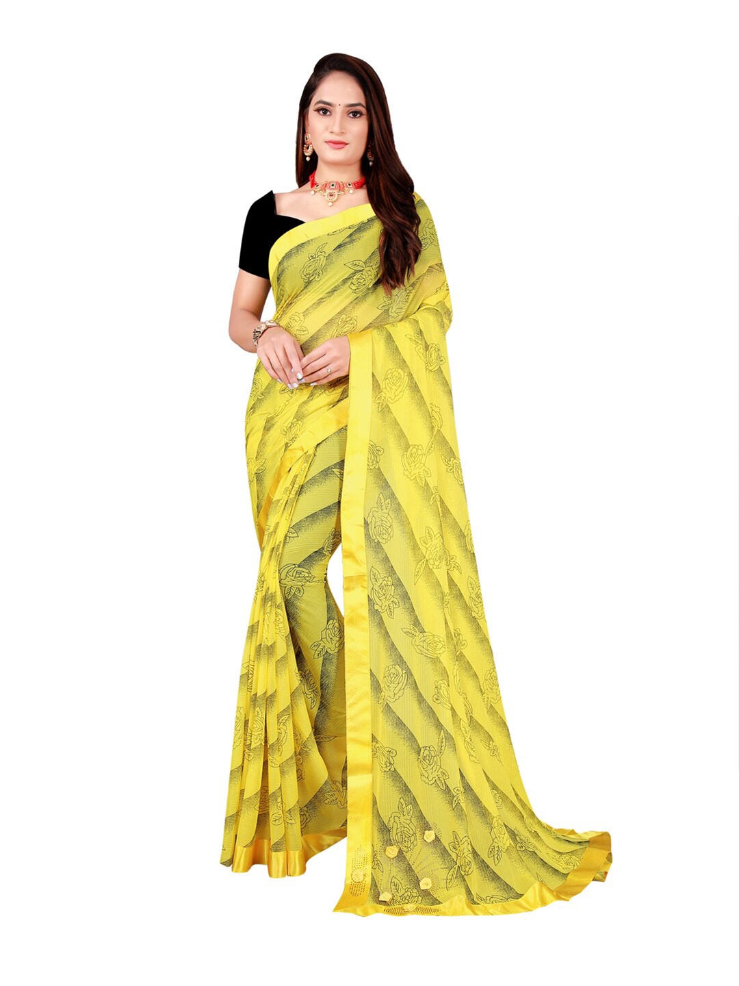 

KALINI Yellow & Grey Floral Art Silk Foil Print Saree