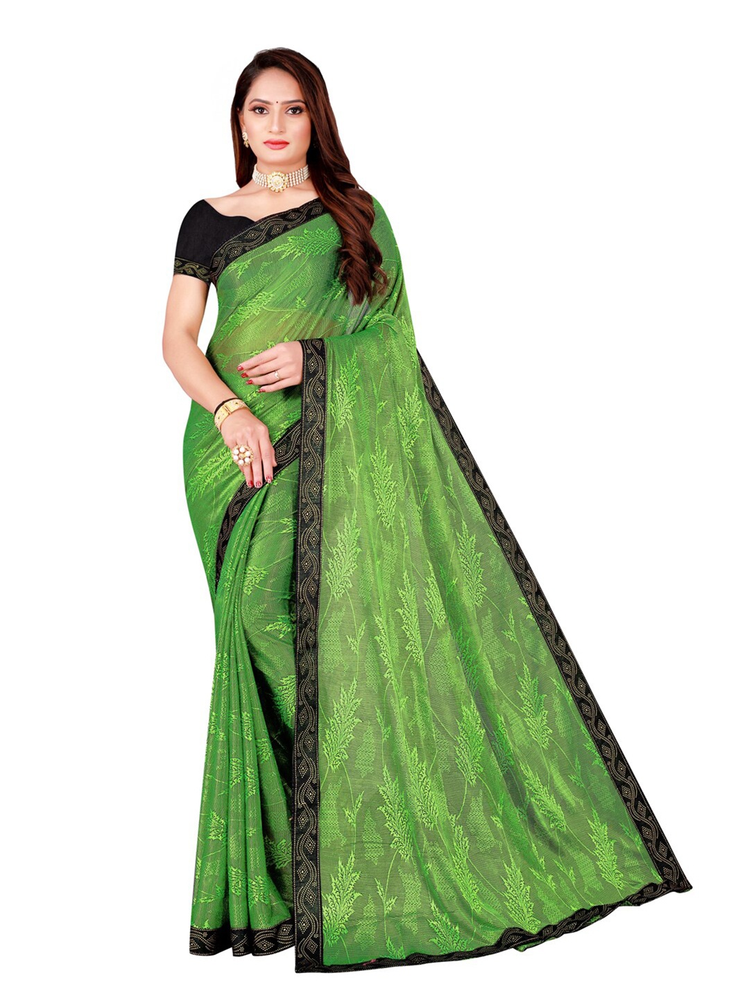 

KALINI Lime Green & Black Floral Art Silk Saree