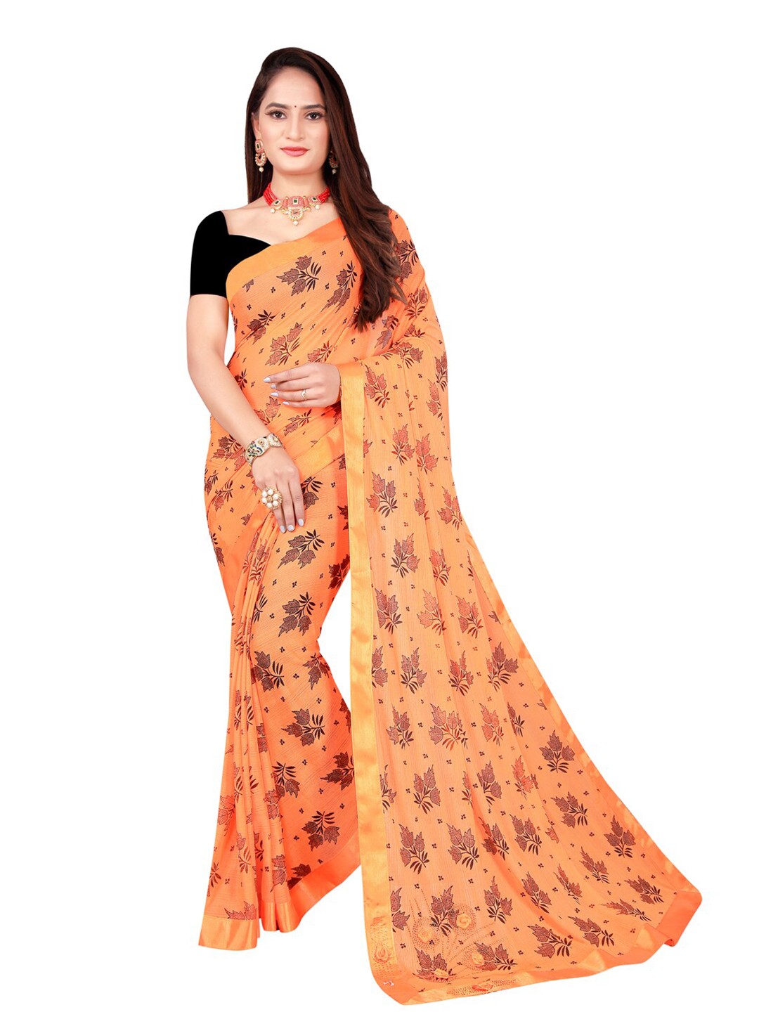 

KALINI Orange & Grey Floral Art Silk Foil Print Saree