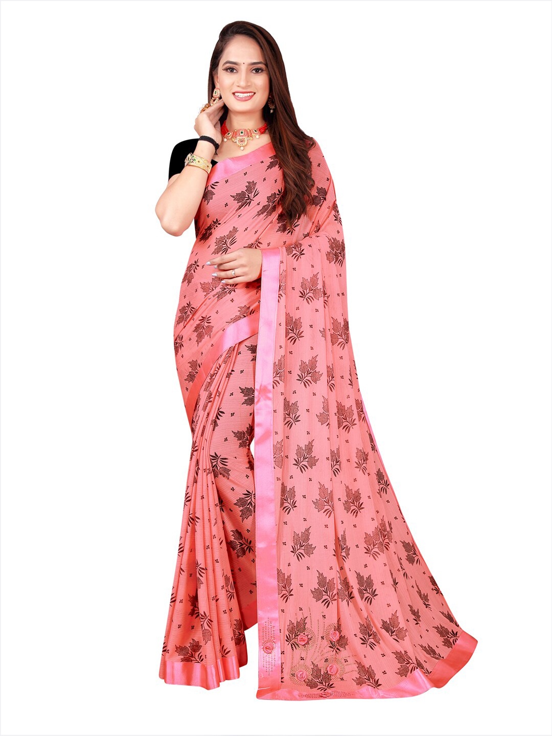 

KALINI Red & Brown Floral Art Silk Saree