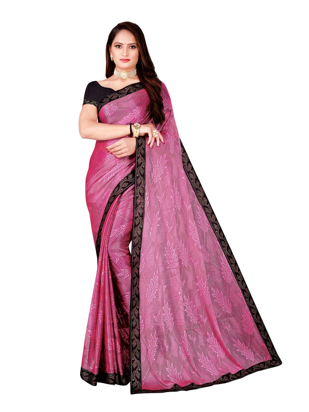 

KALINI Pink & Black Floral Art Silk Foil Print Saree