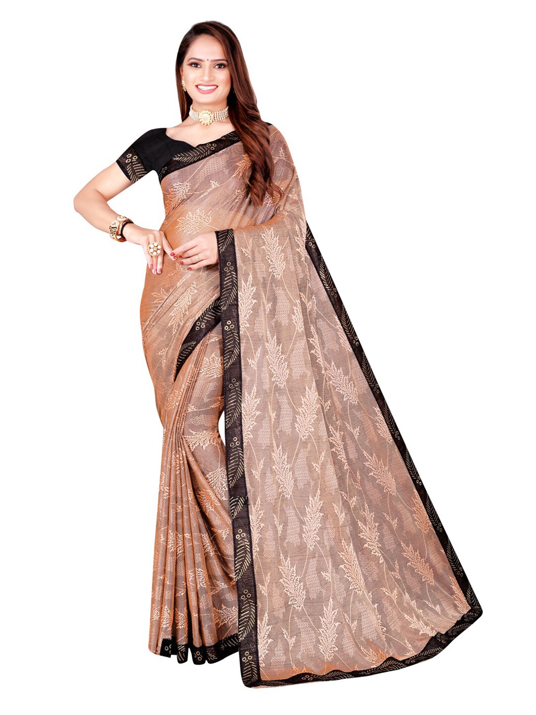 

KALINI Peach-Coloured & Black Floral Art Silk Foil Print Saree