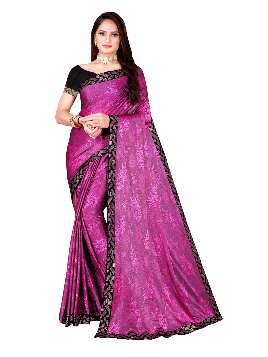 

KALINI Violet & Black Floral Lycra Foil Printed Art Silk Saree