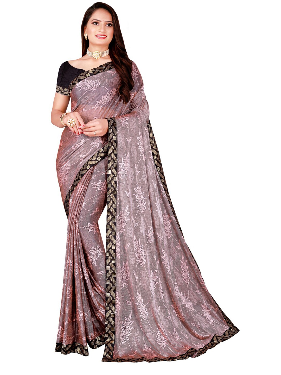 

KALINI Mauve & Black Floral Art Silk Foil Print Saree
