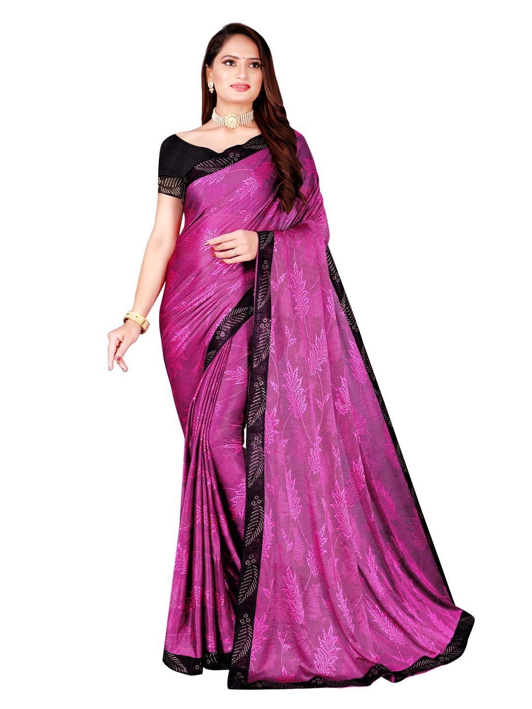 

KALINI Violet & Black Floral Lycra Foil Printed Art Silk Saree