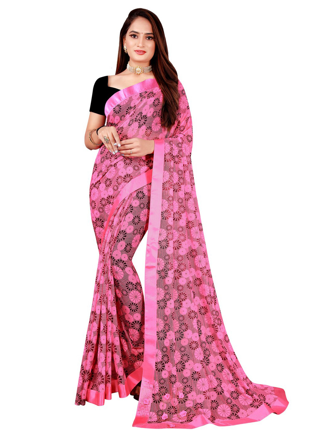 

KALINI Pink & Grey Art Silk Foil Print Saree