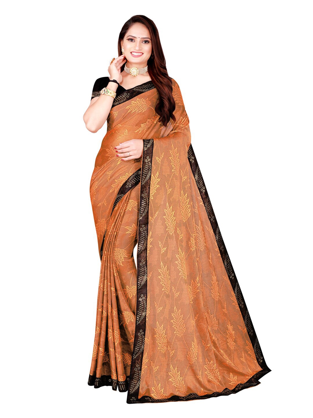 

KALINI Orange & Black Floral Lycra Foil Printed Art Silk Saree