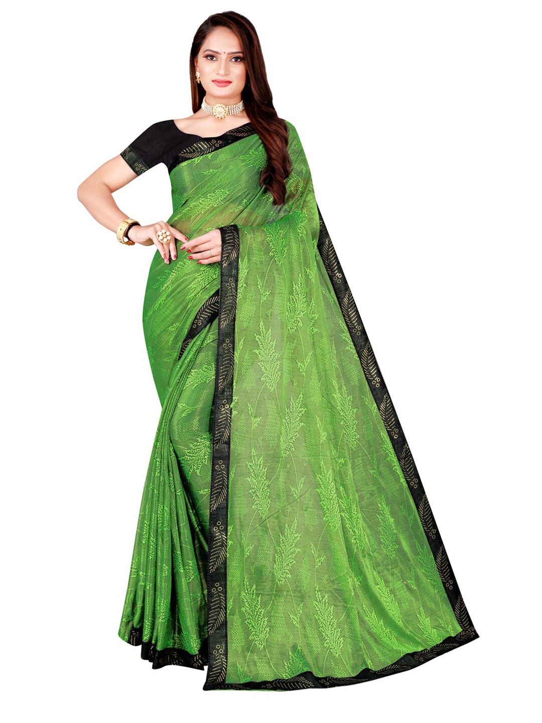 

KALINI Lime Green & Black Floral Art Silk Foil Print Saree