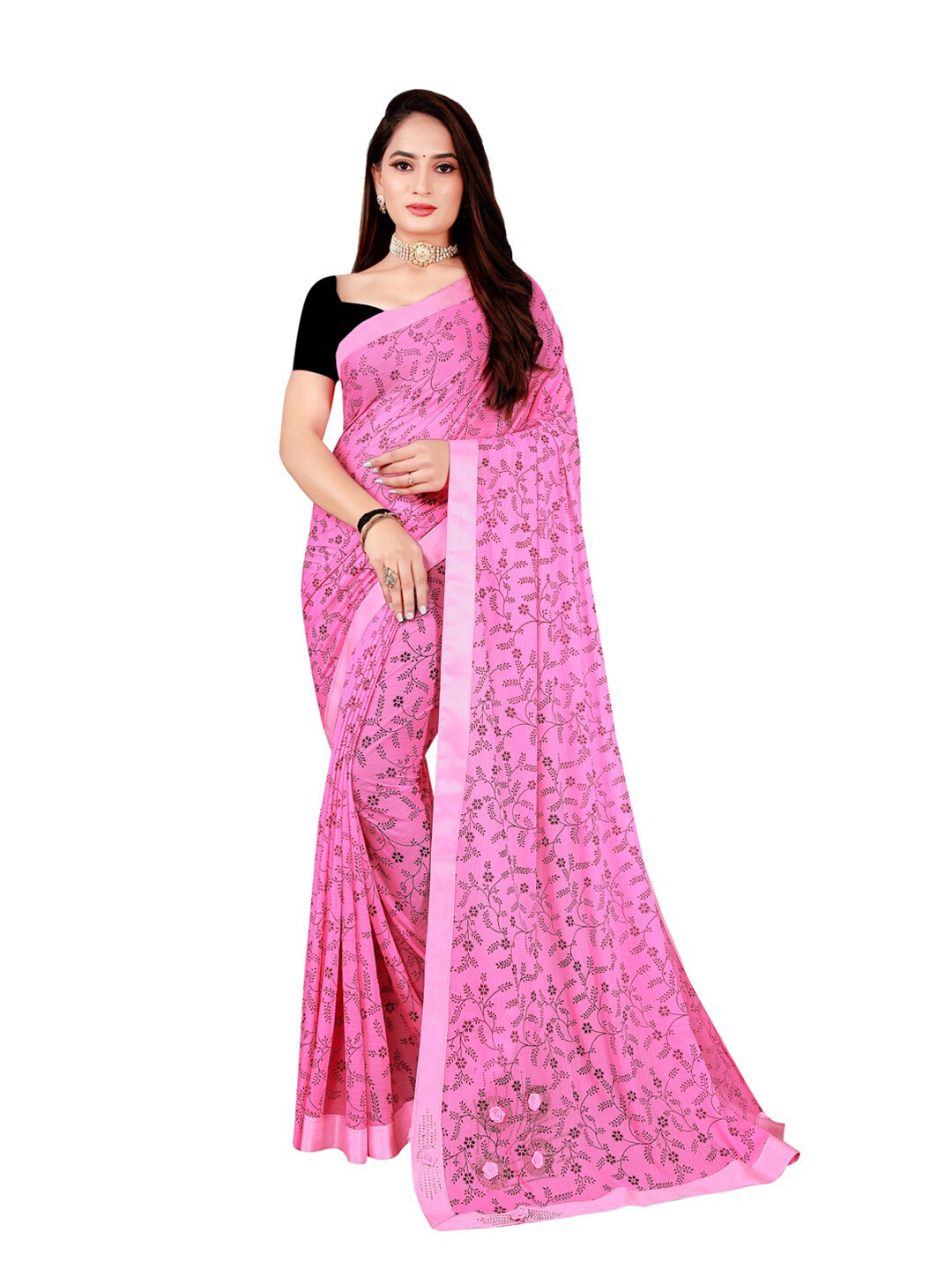 

KALINI Pink & Black Floral Lycra Foil Printed Art Silk Saree