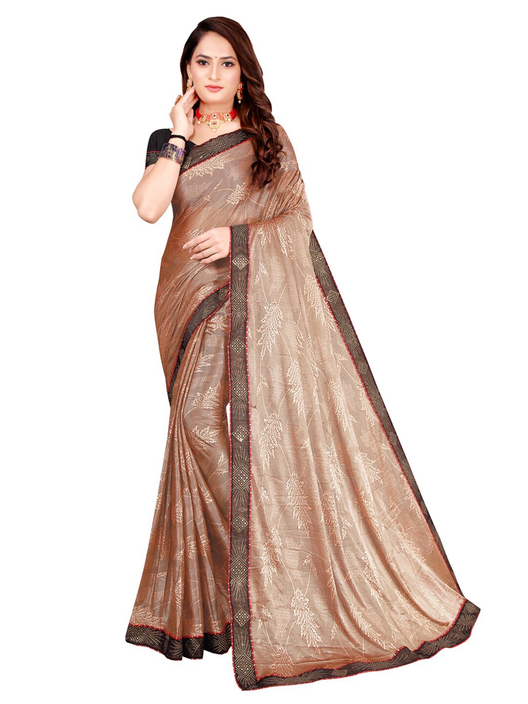 

KALINI Brown & Black Floral Lycra Foil Printed Art Silk Saree