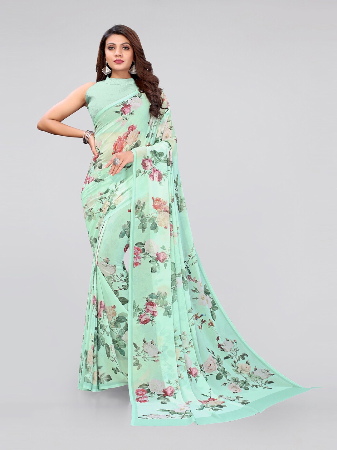 

MIRCHI FASHION Green & Pink Floral Printed Saree