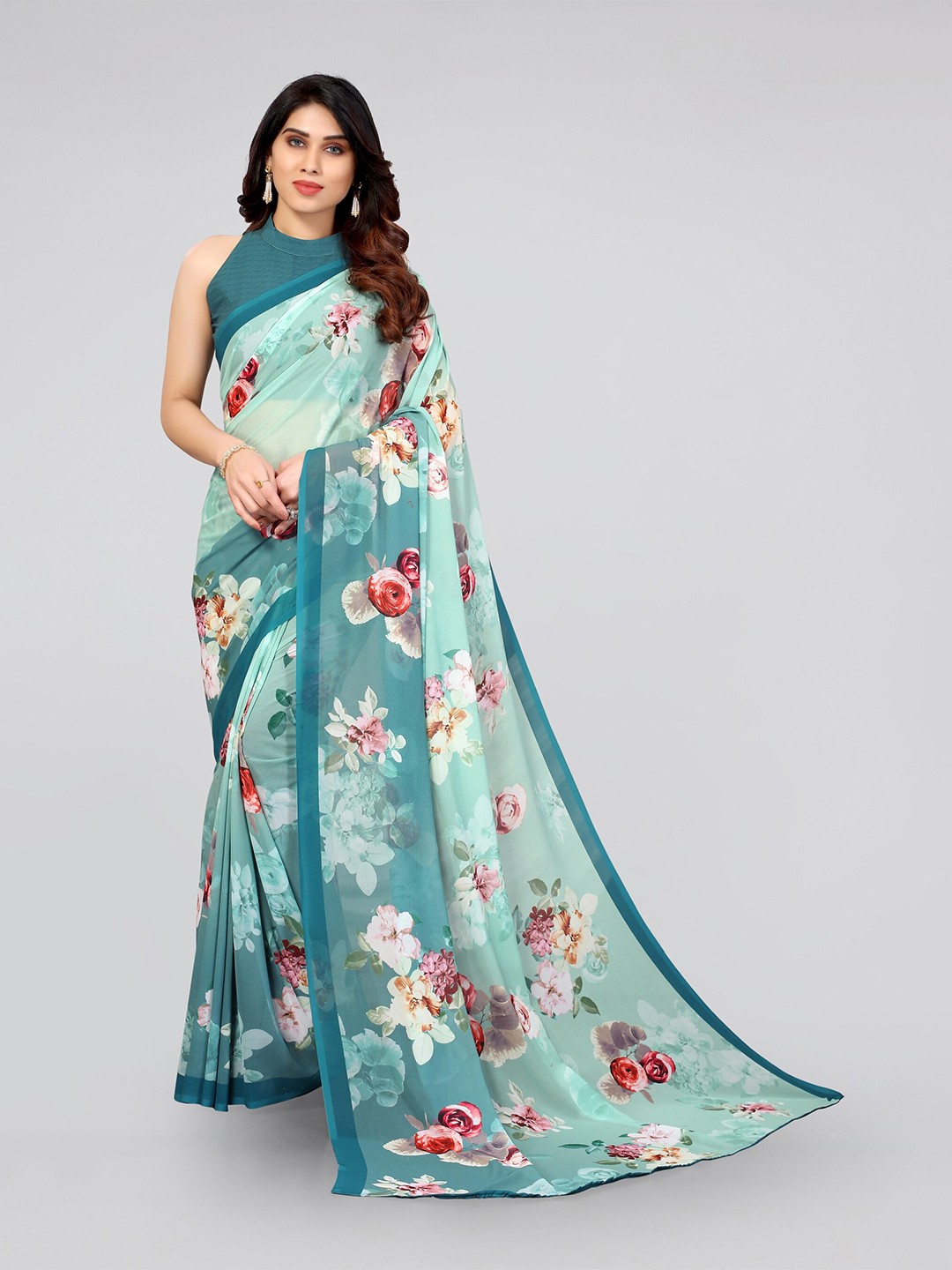 

MIRCHI FASHION Turquoise Blue & Maroon Floral Bagh Saree