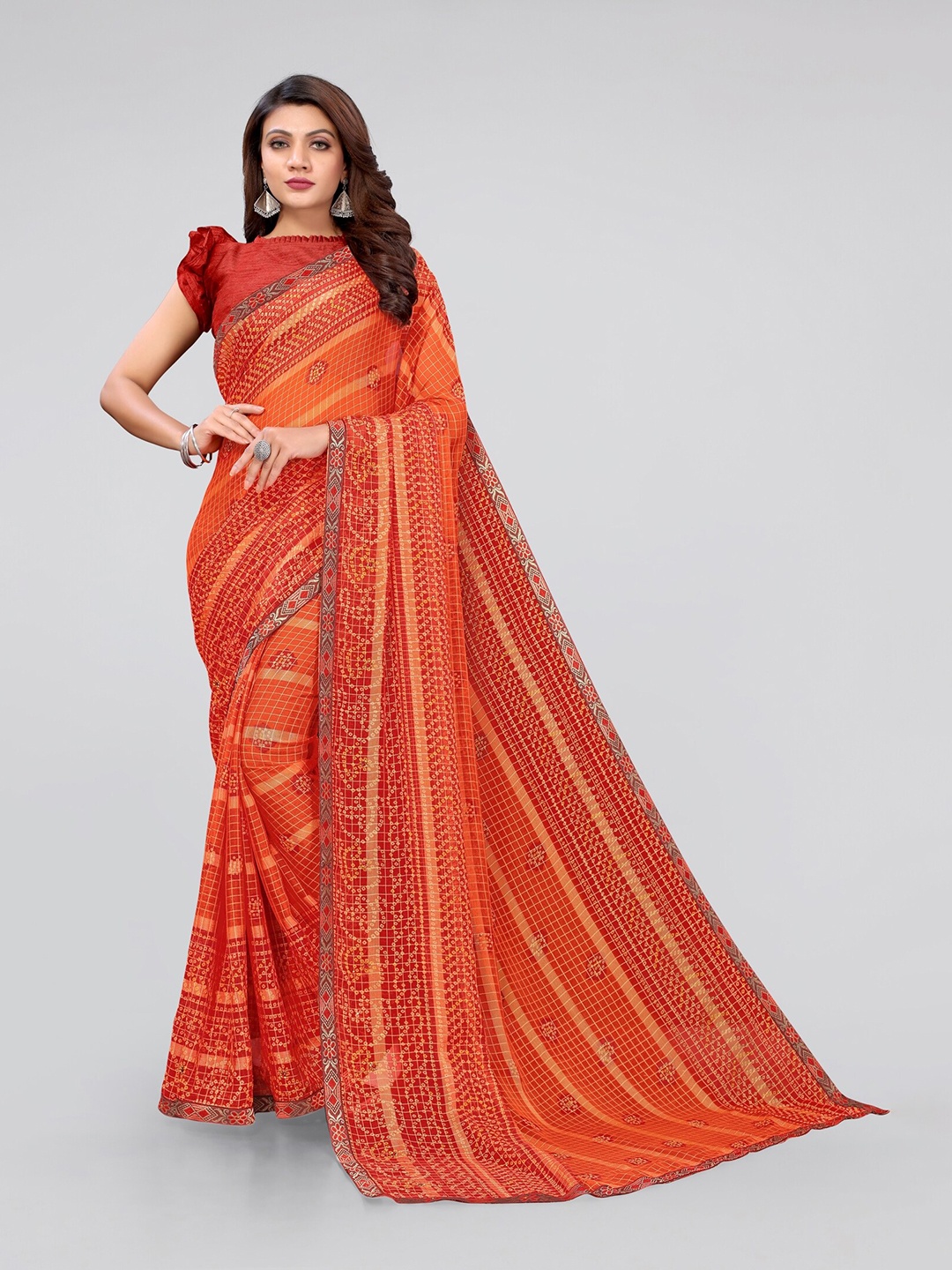 

MIRCHI FASHION Orange & Red Checked Bandhani Saree