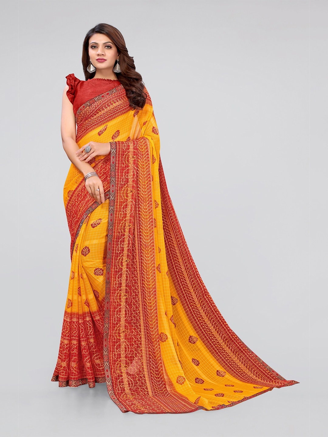 

MIRCHI FASHION Mustard Yellow & Red Ethnic Motifs Bandhani Saree