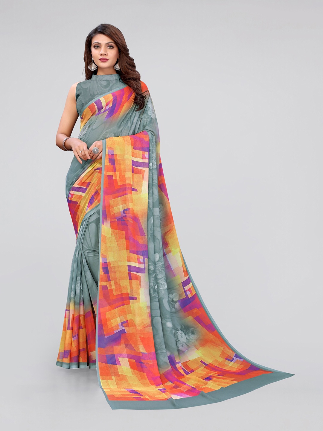 

MIRCHI FASHION Green & Orange Georgette Bagh Saree