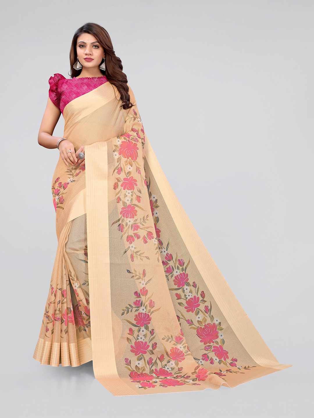

MIRCHI FASHION Beige & Pink Floral Printed Zari Bagh Saree