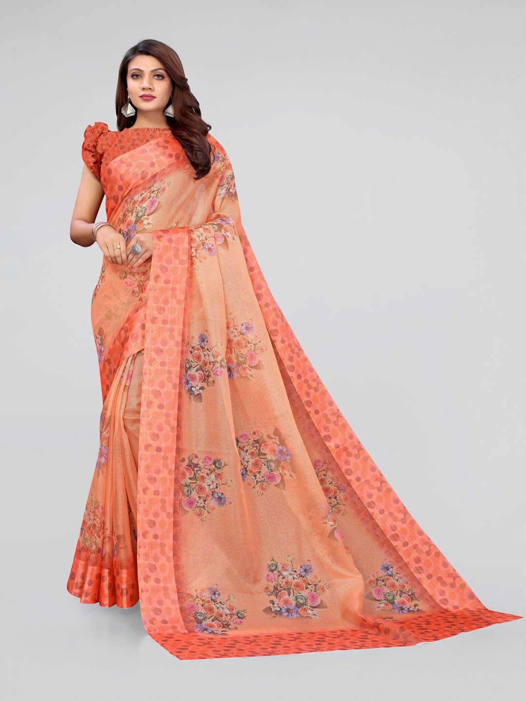 

KALINI Orange & Blue Floral Bagh Saree