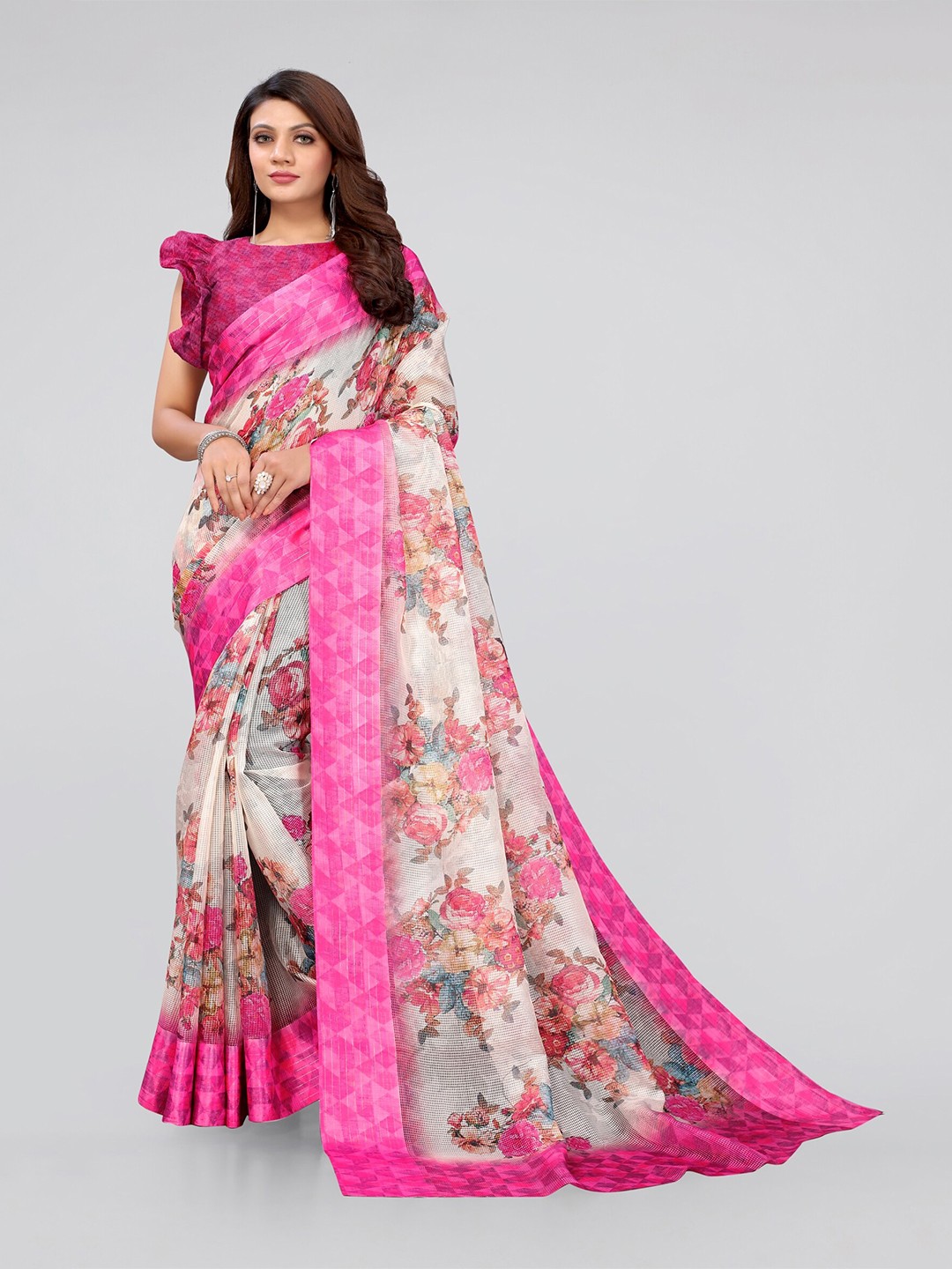

KALINI Off White & Pink Floral Bagh Saree
