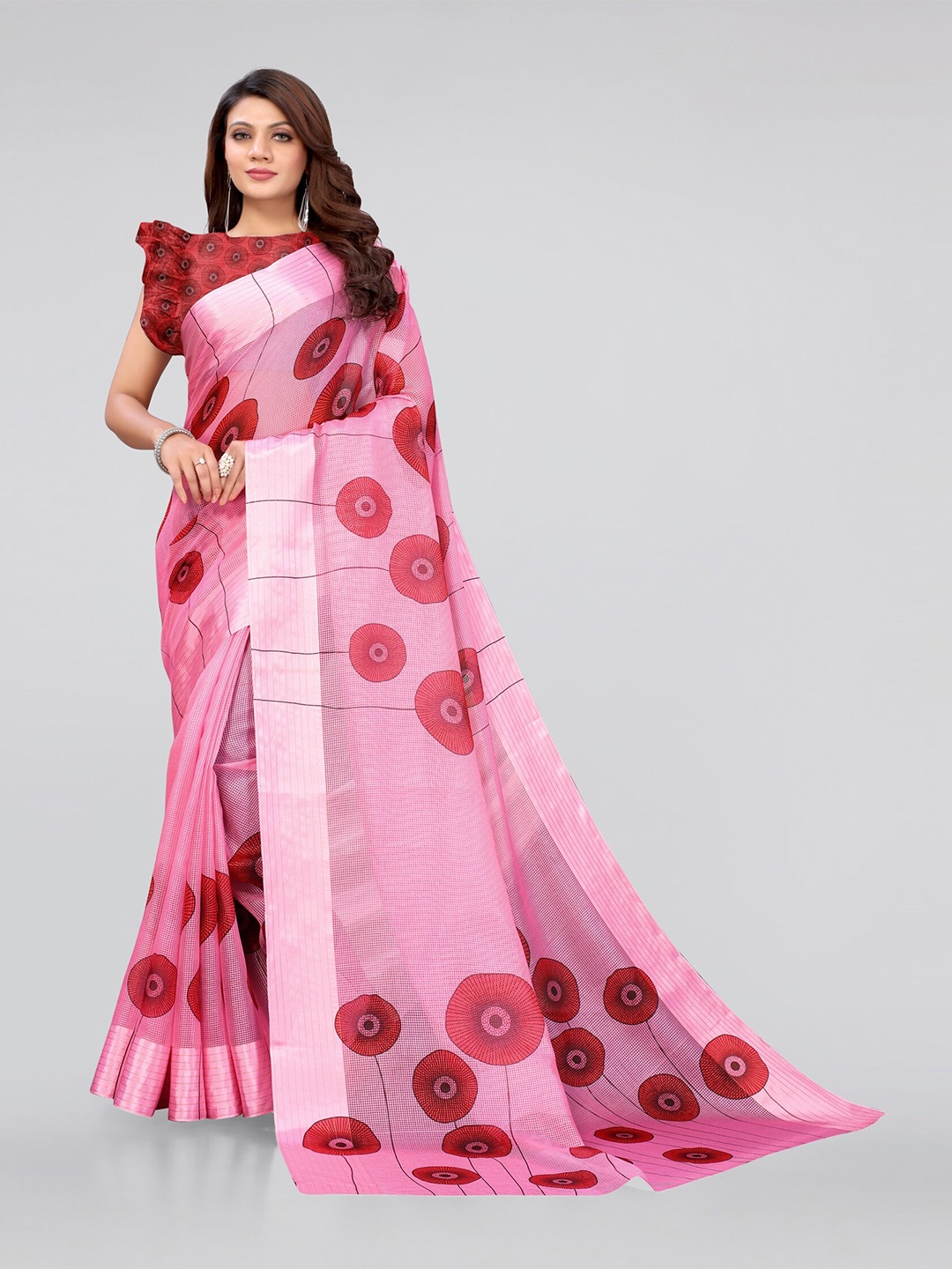 

MIRCHI FASHION Pink & Red Block Print Saree