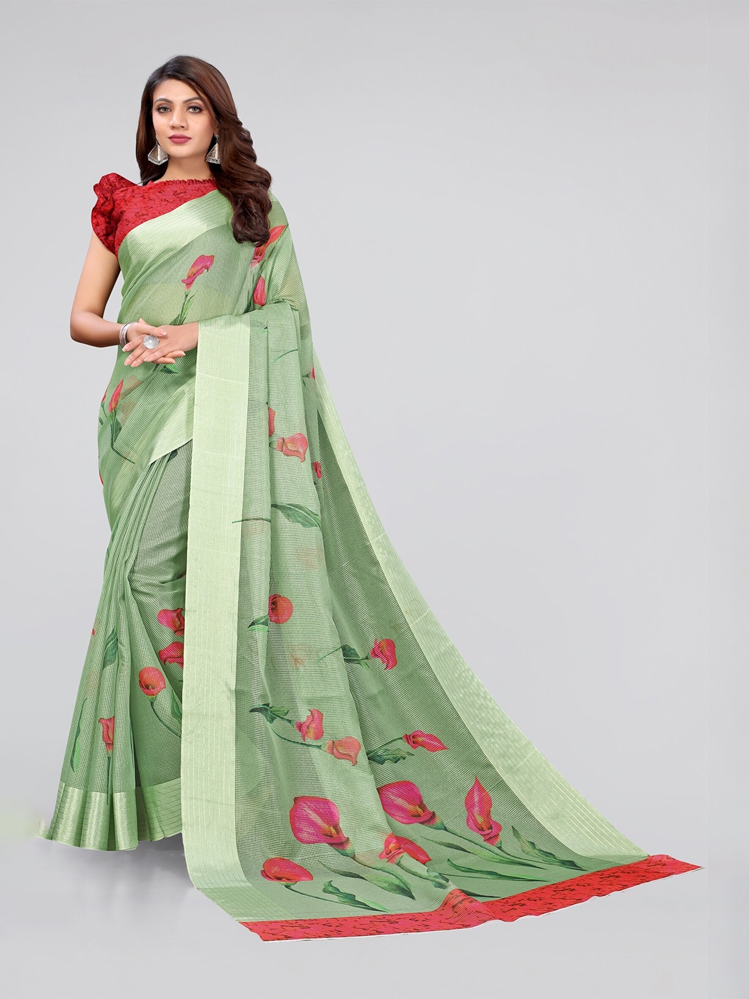 

MIRCHI FASHION Green & Pink Floral Zari Bagh Saree