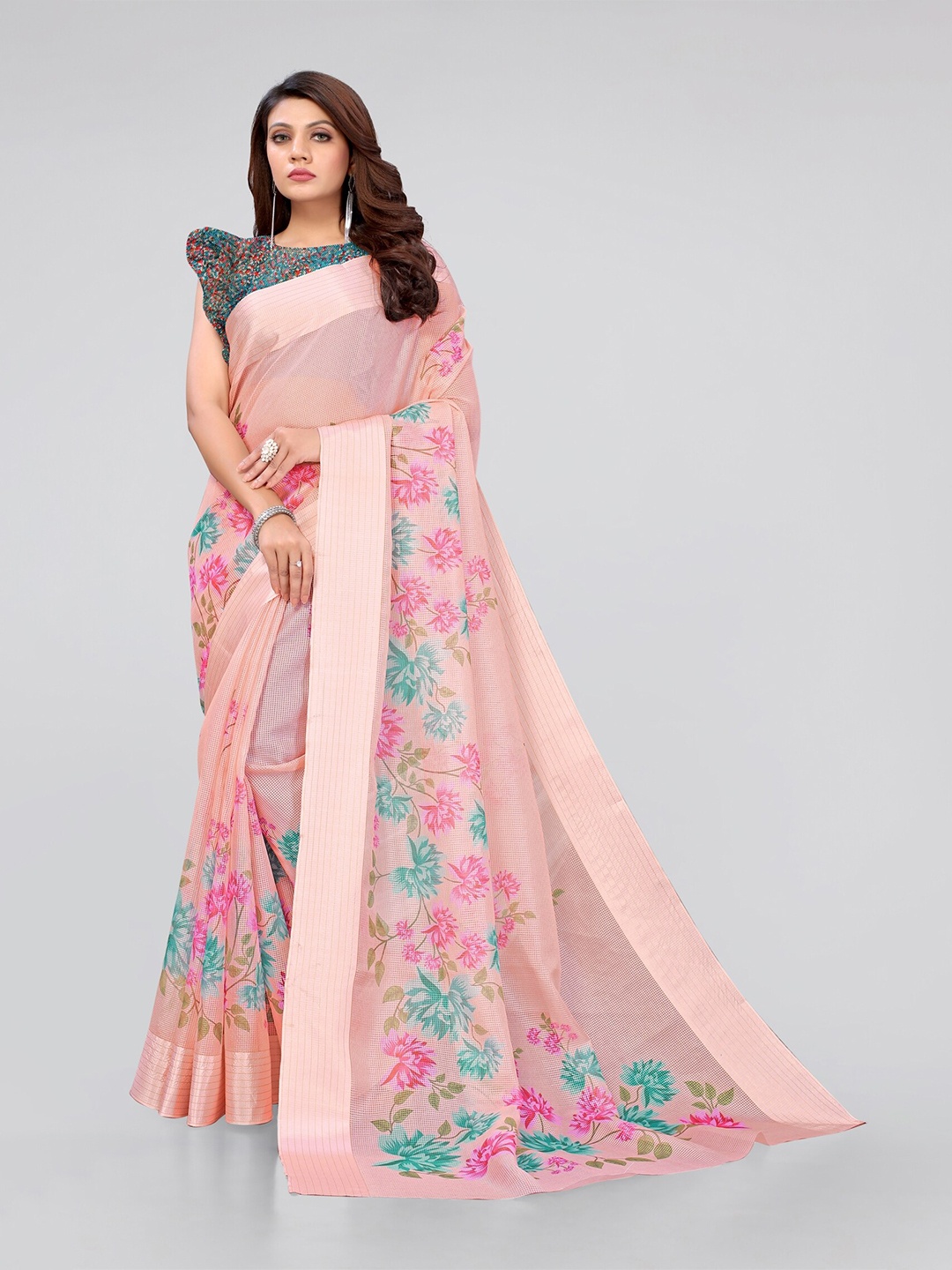 

MIRCHI FASHION Peach & Teal Blue Floral Printed Zari Bagh Saree
